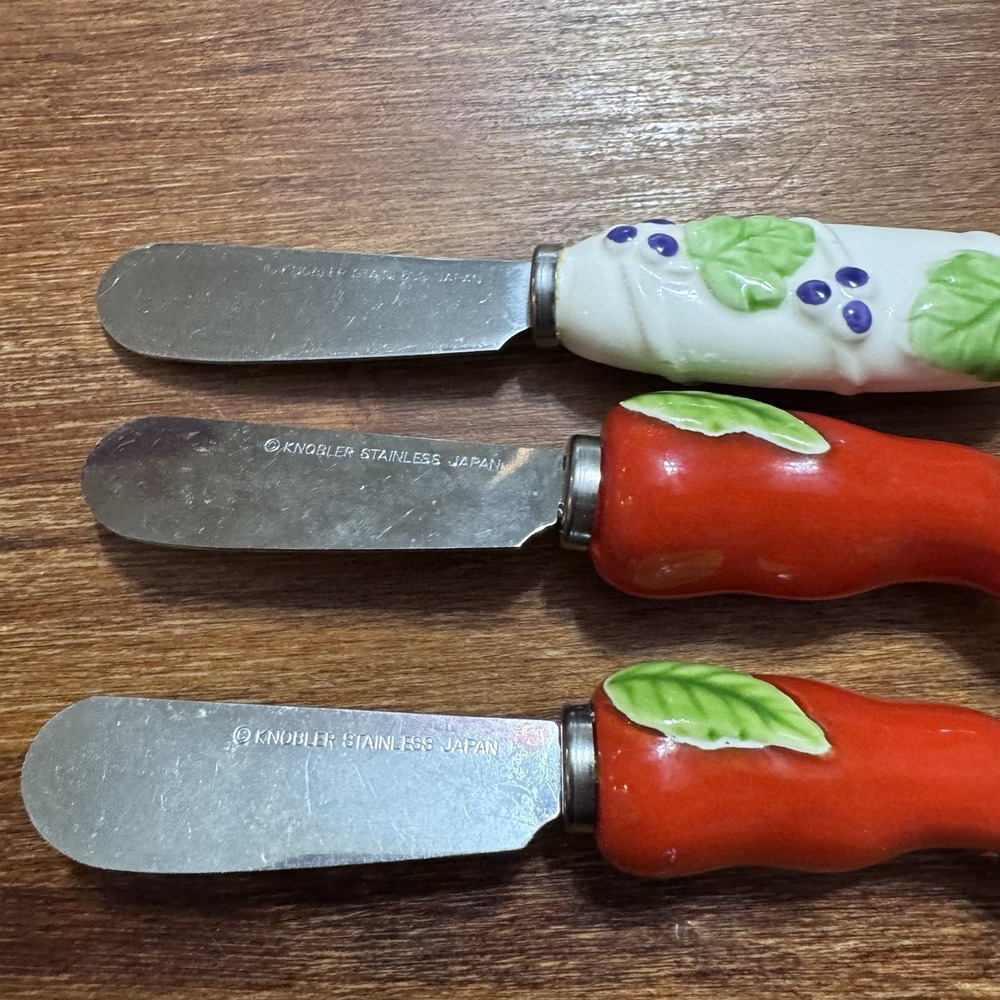 Vintage Knobler Ceramic Butter Spreader Knives Stainless Made In Japan Set‎ Of 3